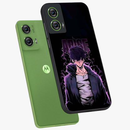 Shadow Monarch Awakening Glass Case displayed in angled mockup highlighting dramatic shadow warrior design with fantasy aesthetic.