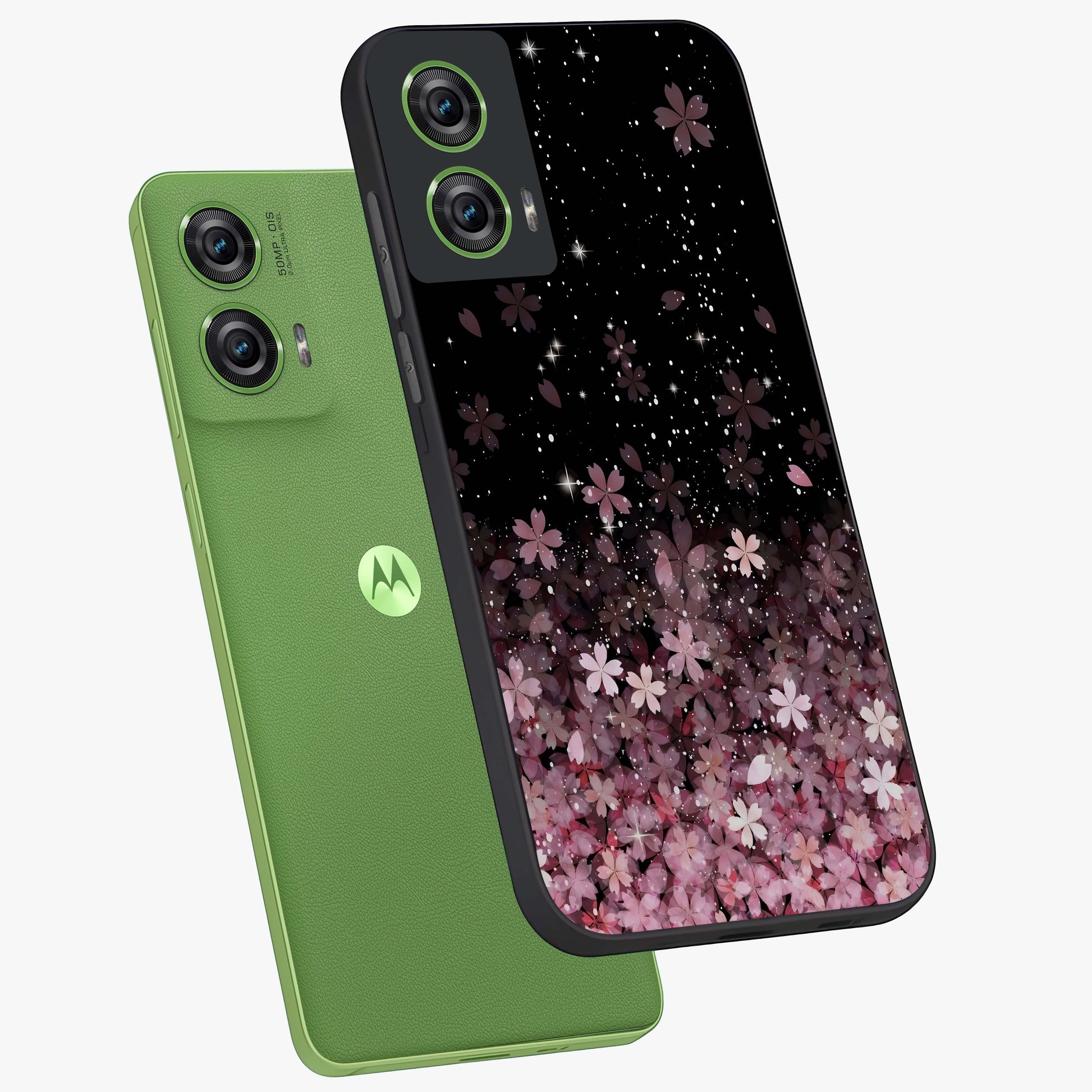 Small Starry Flowers Glass Case displayed in angled mockup highlighting tiny flower pattern with celestial aesthetic style.