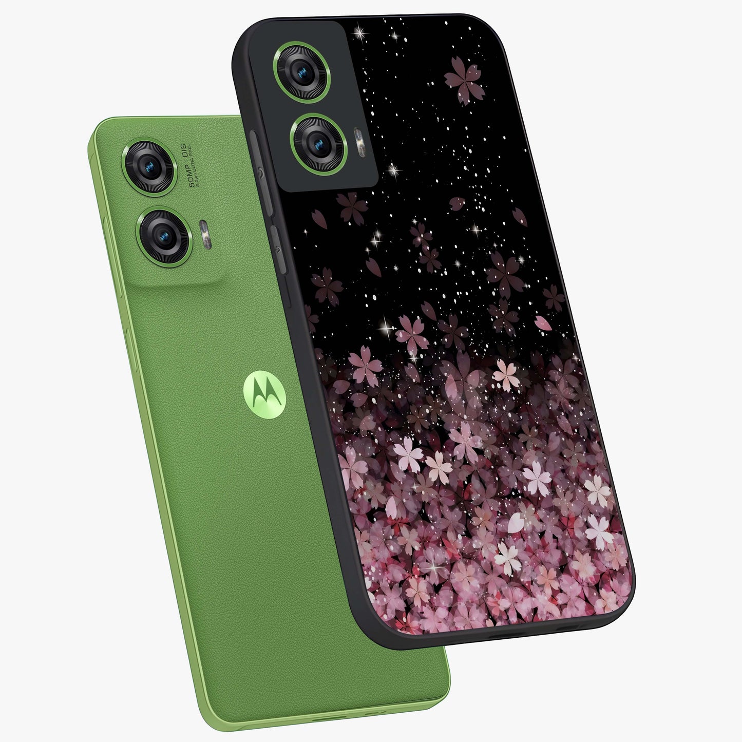 Small Starry Flowers Glass Case displayed in angled mockup highlighting tiny flower pattern with celestial aesthetic style.