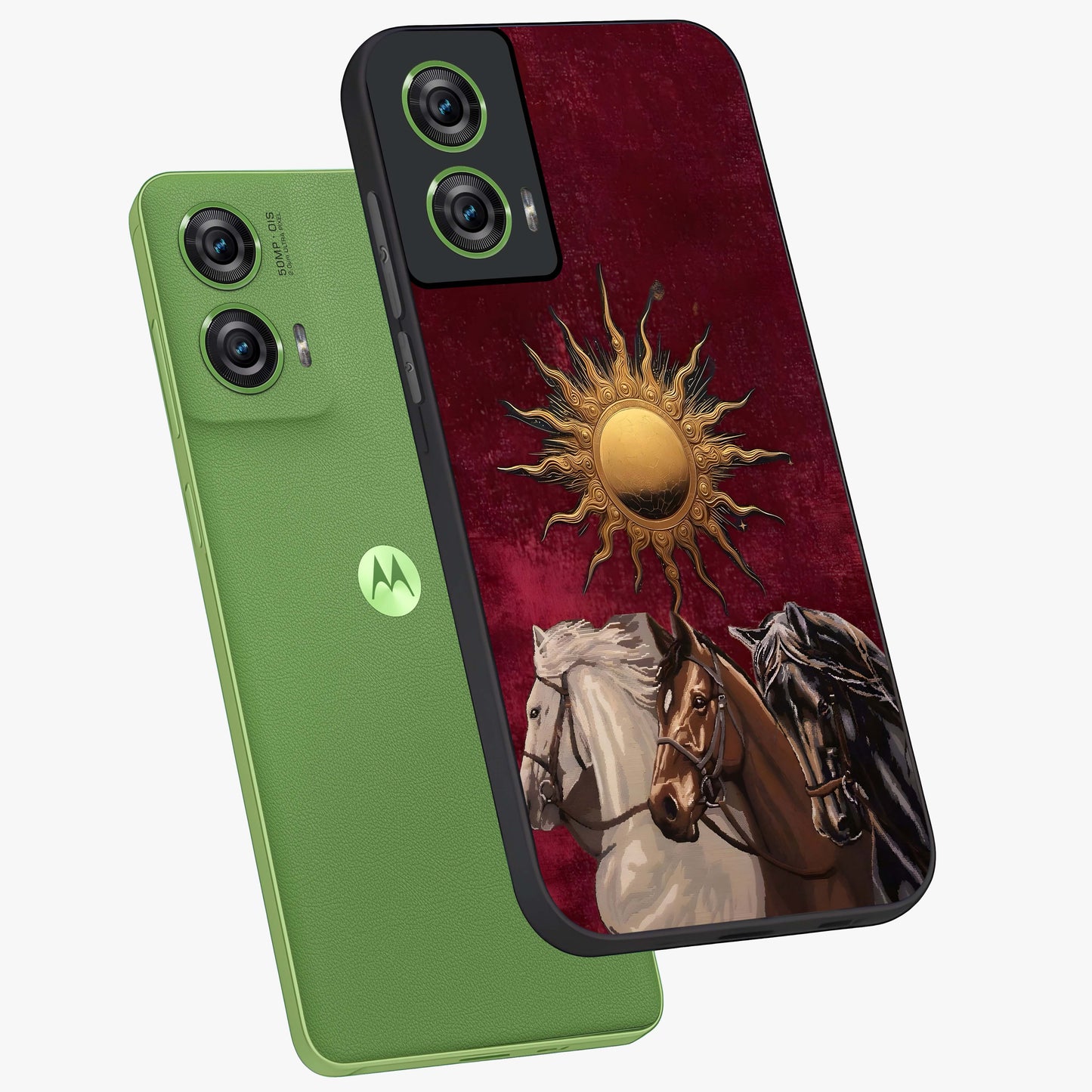 Solar Riders Glass Case displayed in angled mockup highlighting powerful rider illustration with radiant solar aesthetic.