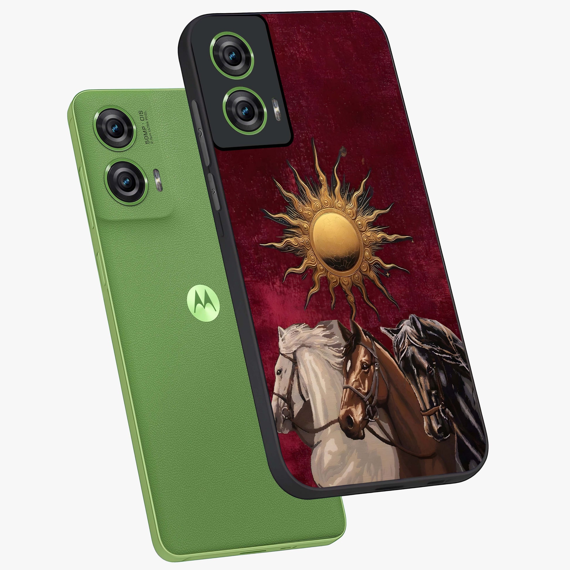 Solar Riders Glass Case displayed in angled mockup highlighting powerful rider illustration with radiant solar aesthetic.
