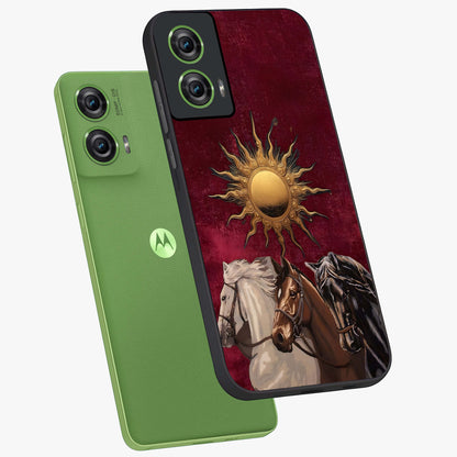 Solar Riders Glass Case displayed in angled mockup highlighting powerful rider illustration with radiant solar aesthetic.
