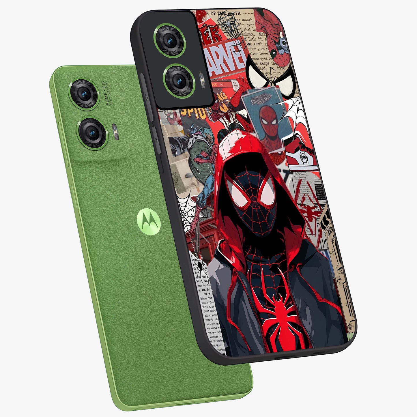 Spider Collage Street Glass Case displayed in angled mockup highlighting dynamic street style collage design with comic aesthetic.
