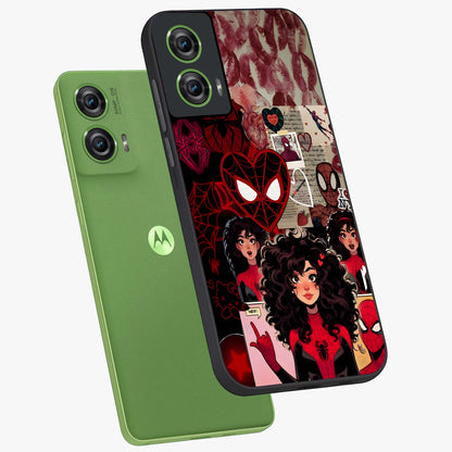 Spider Love Story Glass Case displayed in angled mockup highlighting expressive comic inspired design with playful aesthetic.