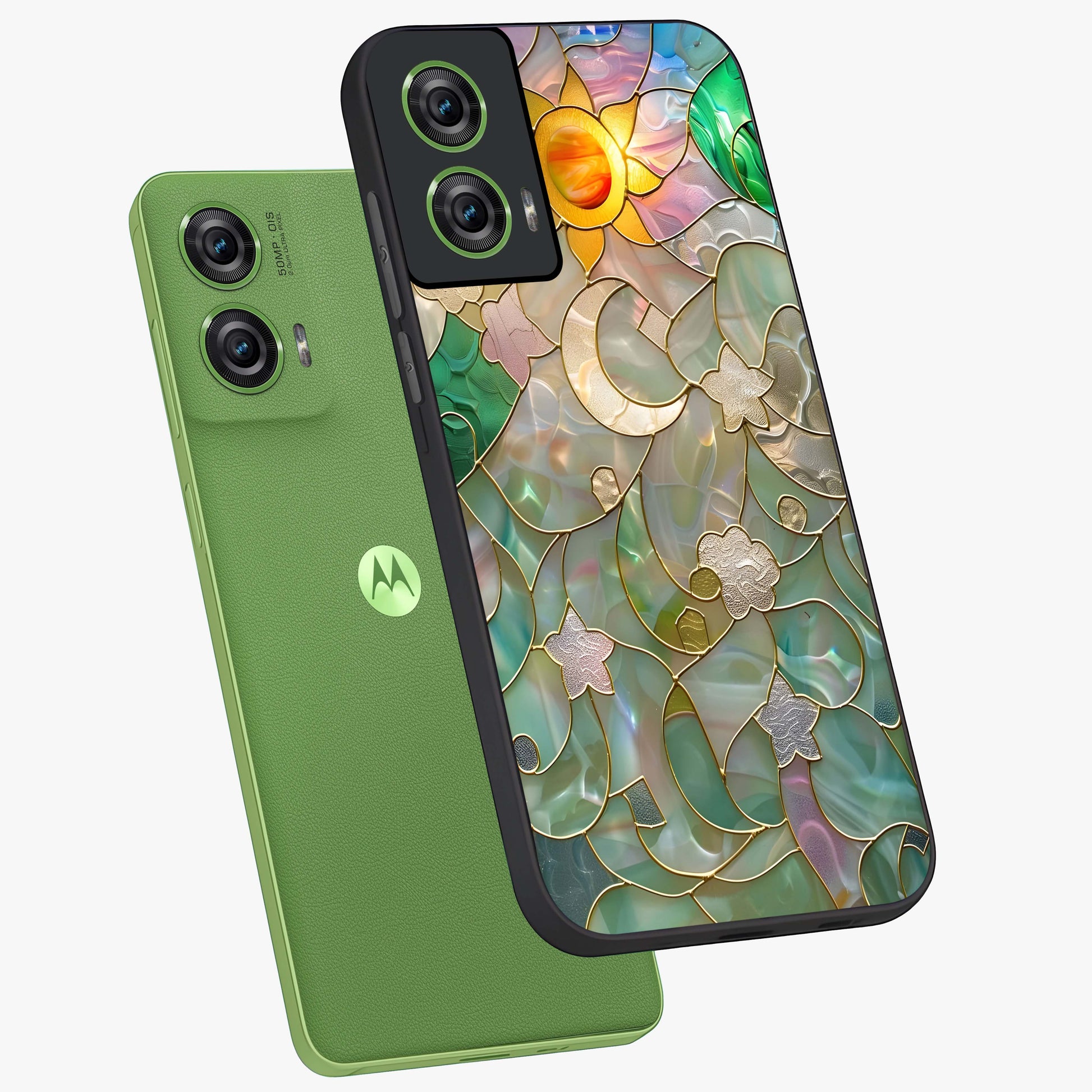 Stained Sunrise Glow Glass Case displayed in angled mockup highlighting radiant sunrise design with artistic aesthetic style.