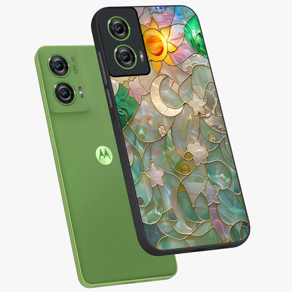 Stained Sunrise Glow Glass Case displayed in angled mockup highlighting radiant sunrise design with artistic aesthetic style.