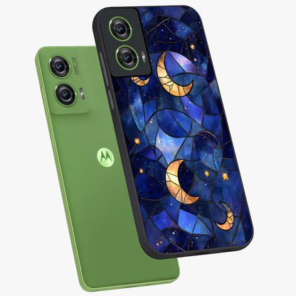 Starlit Sky Tapestry Glass Case displayed in angled mockup highlighting celestial night pattern with artistic aesthetic style.