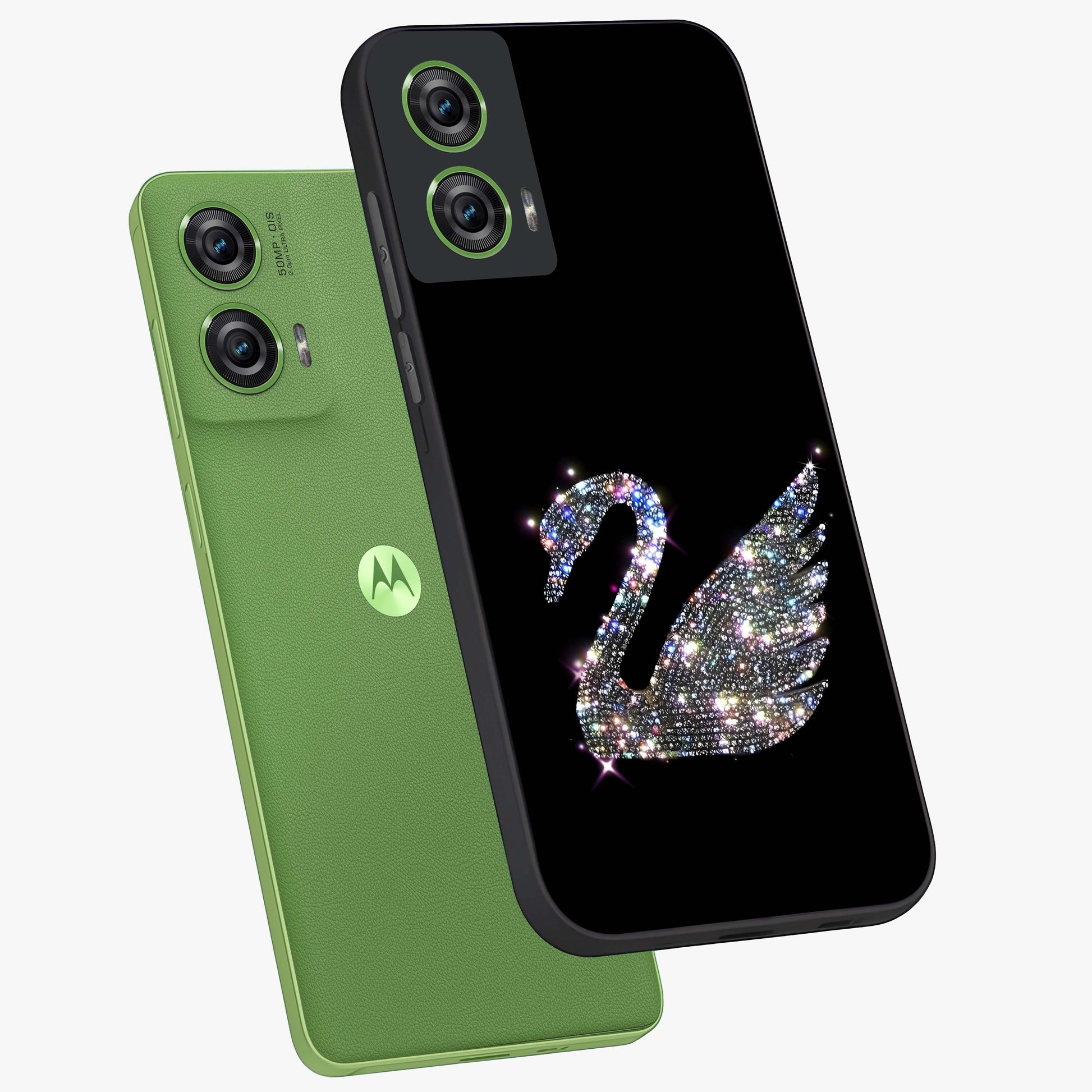 Starlit Swan Grace Glass Case displayed in angled mockup highlighting elegant swan illustration with dreamy celestial aesthetic.