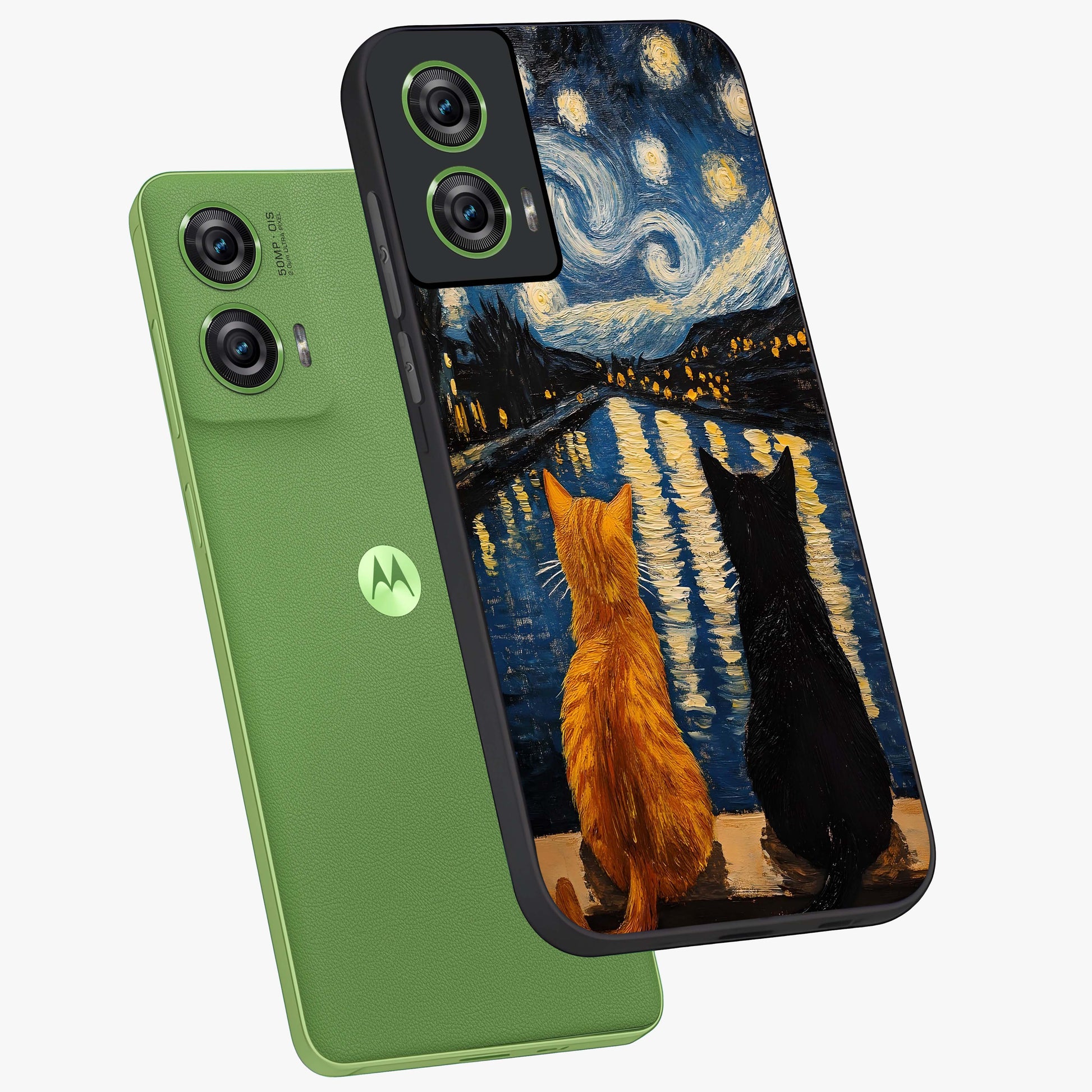 Starry River Cats Glass Case displayed in angled mockup highlighting charming feline illustration with dreamy night aesthetic.