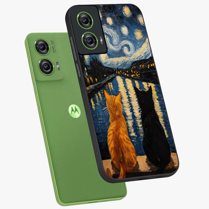 Starry River Cats Glass Case displayed in angled mockup highlighting charming feline illustration with dreamy night aesthetic.