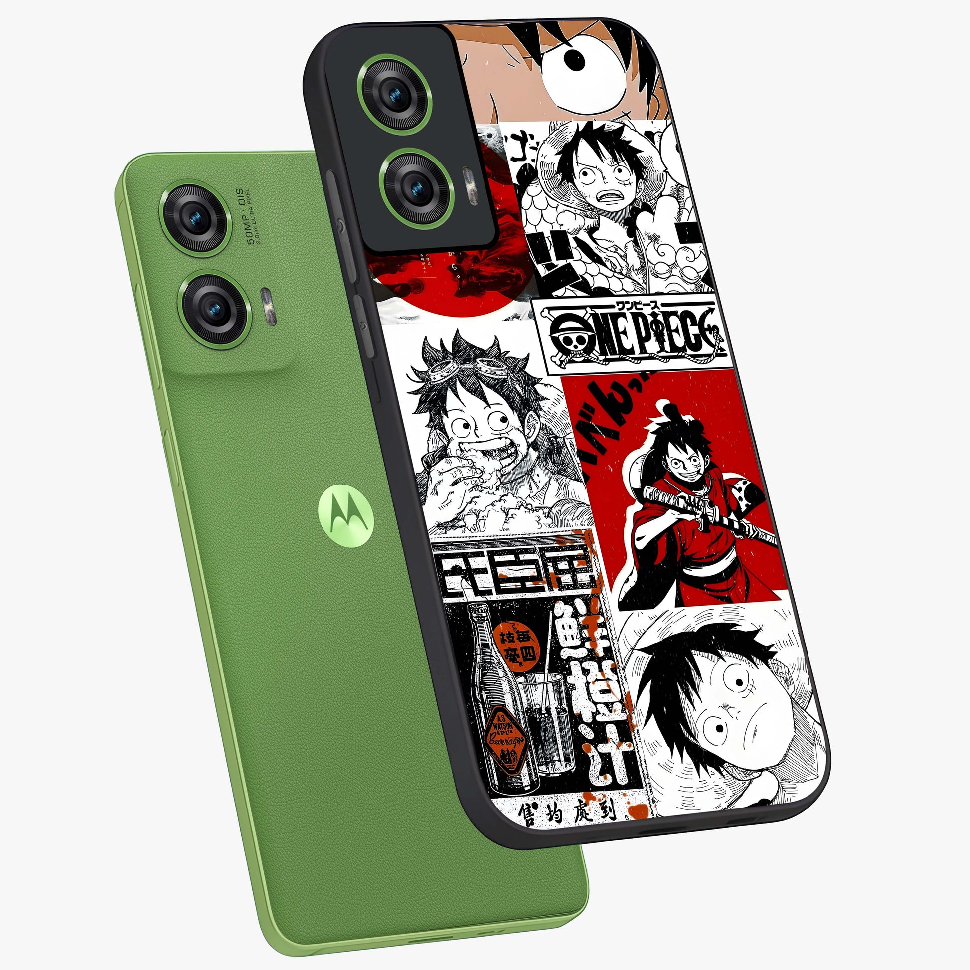 Strawhat Chaos Panels Glass Case displayed in angled mockup highlighting vibrant anime collage design with action aesthetic.
