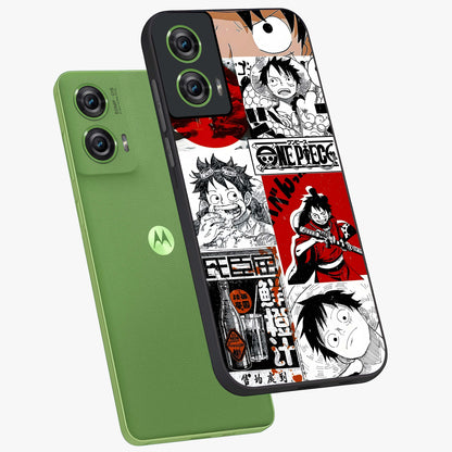 Strawhat Chaos Panels Glass Case displayed in angled mockup highlighting vibrant anime collage design with action aesthetic.