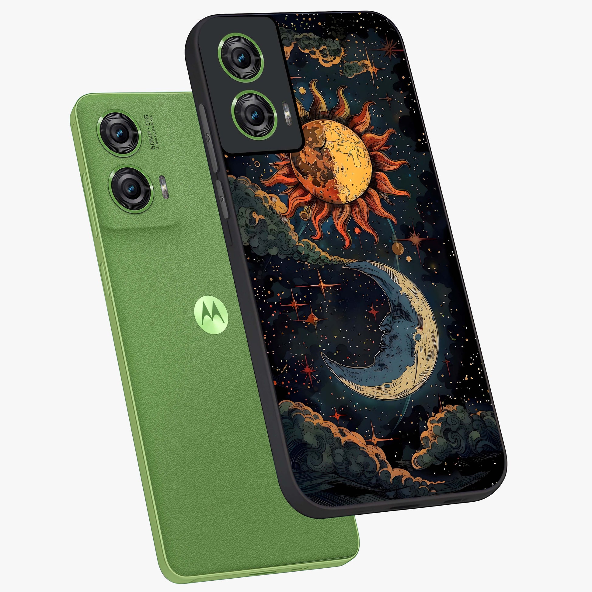 Sun And Moon Magic Design Glass Case displayed in angled mockup highlighting celestial design with magical cosmic aesthetic.