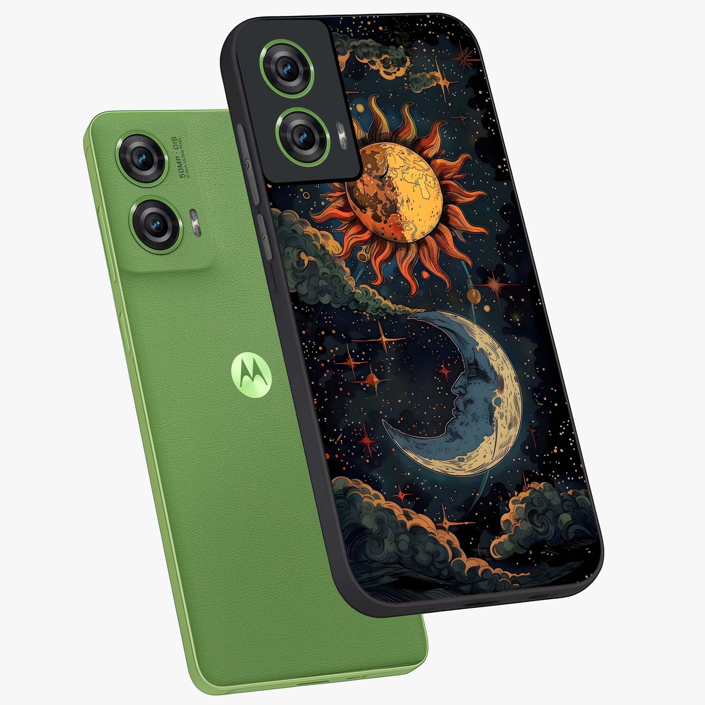 Sun And Moon Magic Design Glass Case displayed in angled mockup highlighting celestial design with magical cosmic aesthetic.