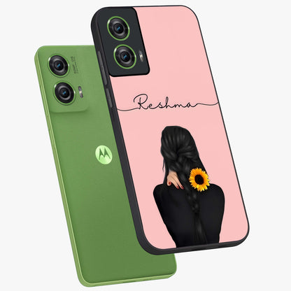 Sunflower Braid Beauty With Custom Name Glass Case displayed in angled mockup highlighting elegant sunflower design with custom name feature.