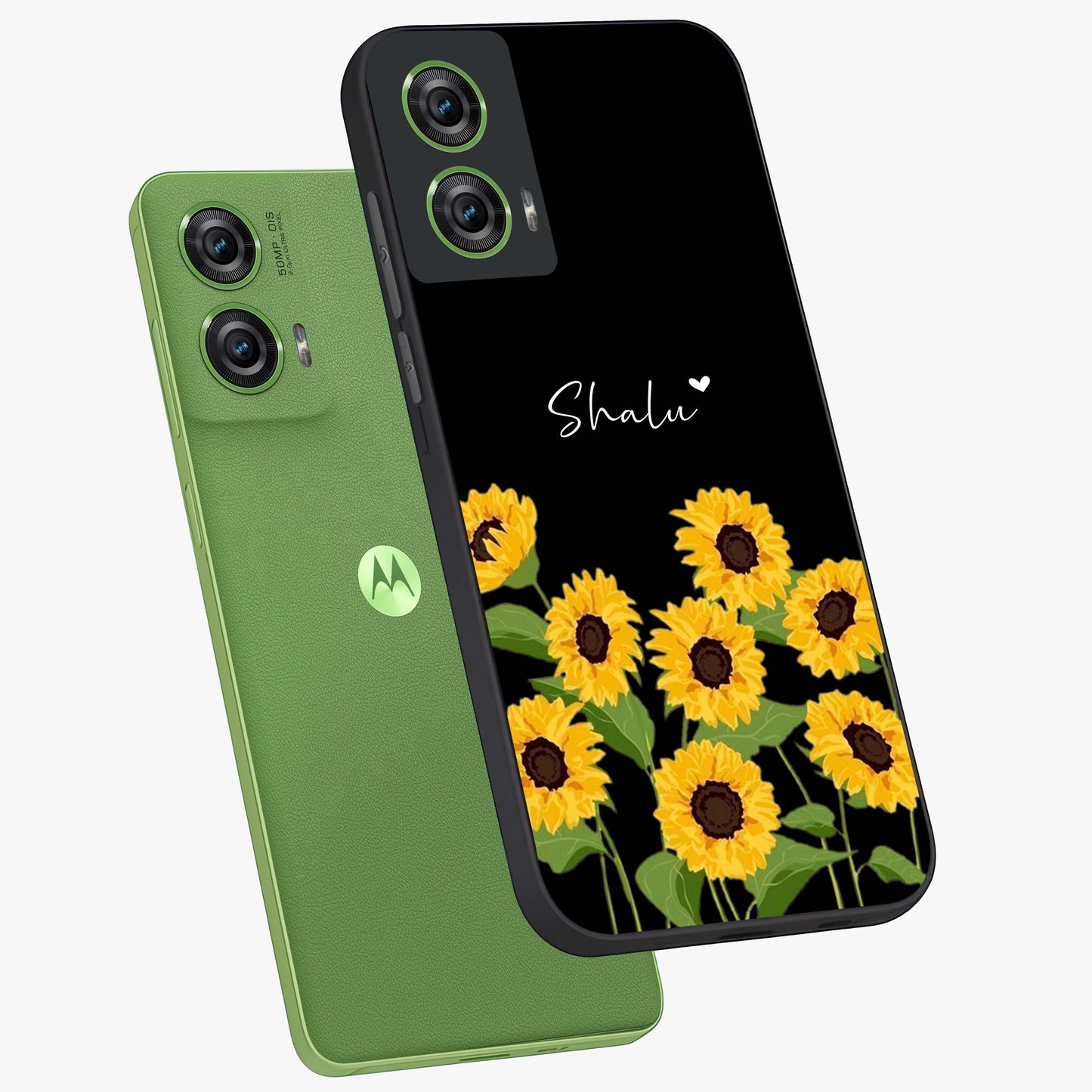 Sunflower Chic Mood Custom Name Glass Case displayed in angled mockup highlighting vibrant sunflower design with custom name feature.