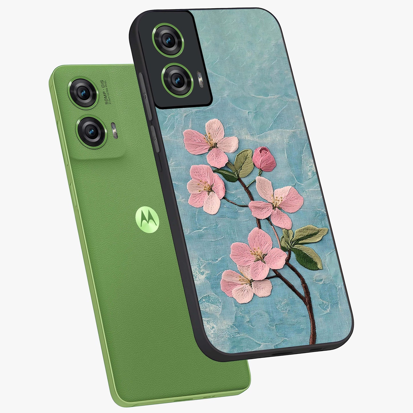 Threaded Blossom Breeze Glass Case displayed in angled mockup highlighting elegant floral design with soft aesthetic style.