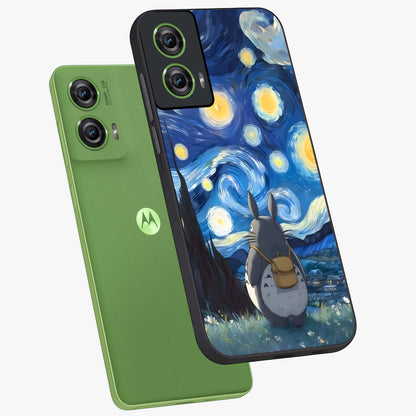 Totoro In Van Gogh Art Glass Case displayed in angled mockup highlighting artistic swirling sky design with playful animation aesthetic.