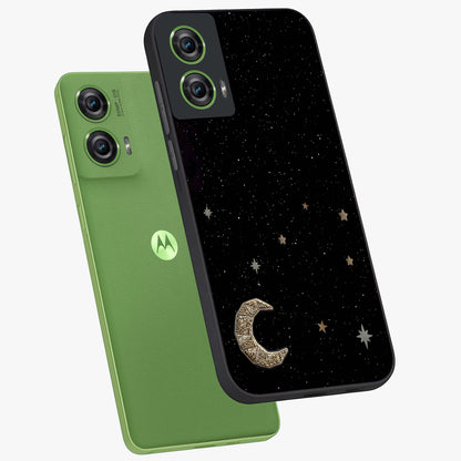 Twinkle Star With Half Moon Glass Case displayed in angled mockup highlighting celestial moon and star design with magical aesthetic.
