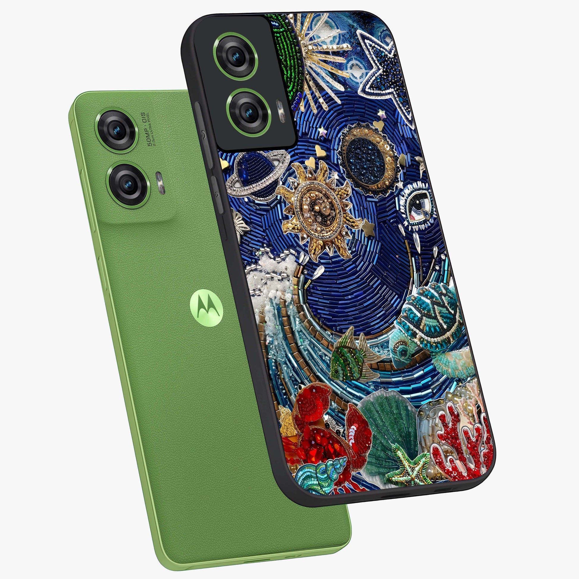 Universe Underwater Spark Glass Case displayed in angled mockup highlighting glowing aquatic design with celestial aesthetic.