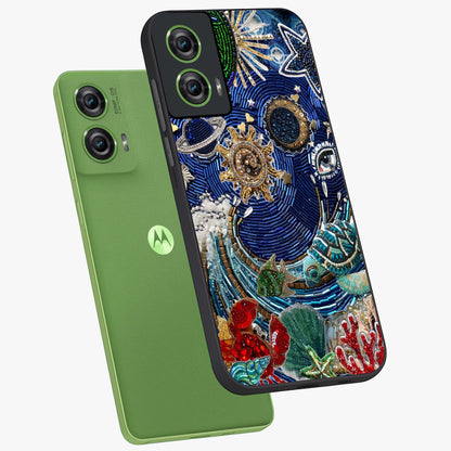 Universe Underwater Spark Glass Case displayed in angled mockup highlighting glowing aquatic design with celestial aesthetic.
