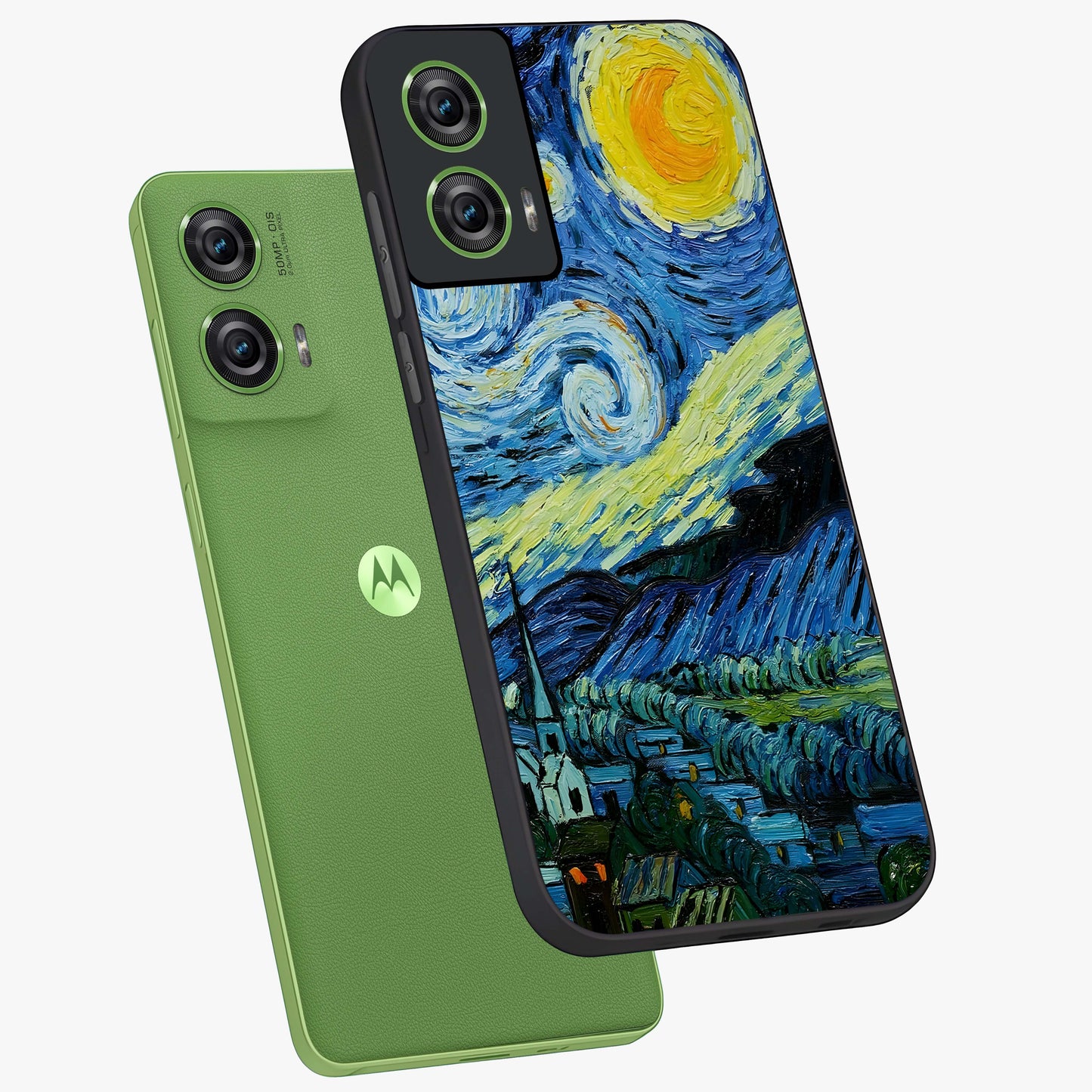 Van Gogh Art Glass Case displayed in angled mockup highlighting swirling brushstroke design with artistic aesthetic.