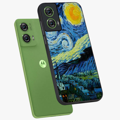 Van Gogh Art Glass Case displayed in angled mockup highlighting swirling brushstroke design with artistic aesthetic.