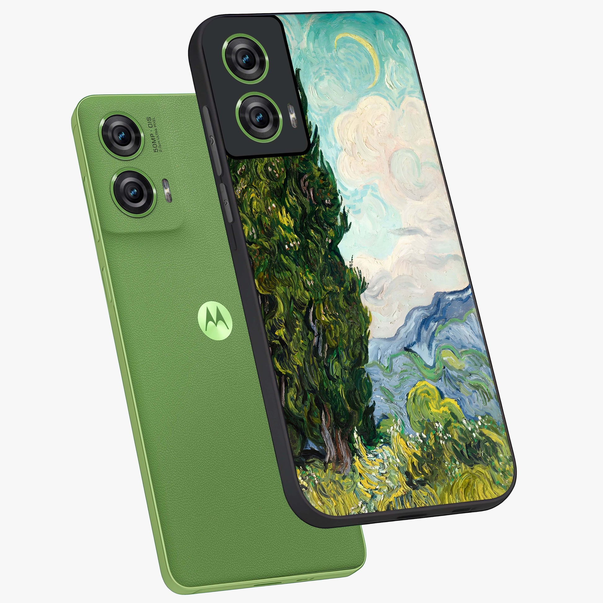 Van Gogh Vintage Art Glass Case displayed in angled mockup highlighting textured brushstroke design with classic aesthetic.