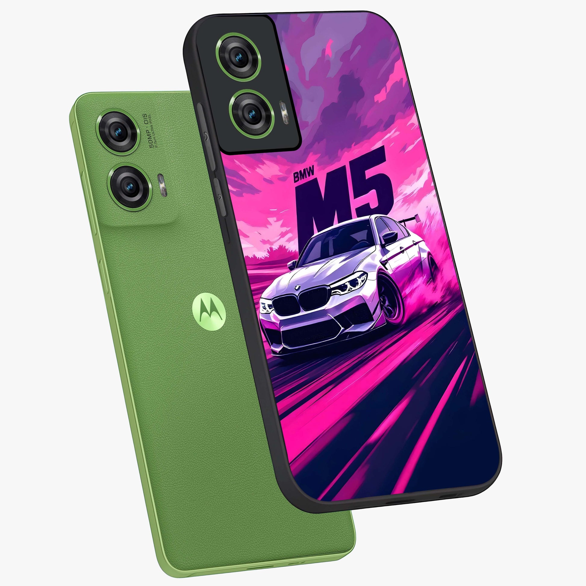 Velocity Drift Pulse Glass Case displayed in angled mockup highlighting dynamic drift design with sporty automotive aesthetic.