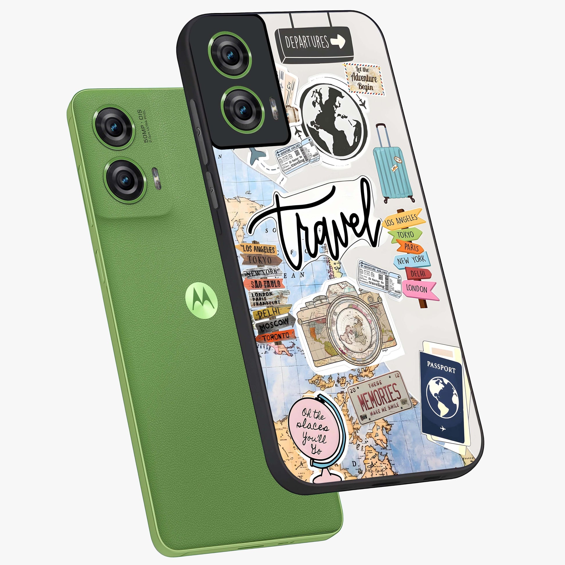 Wanderlust Journal Glass Case displayed in angled mockup highlighting adventure themed design with aesthetic travel vibe.