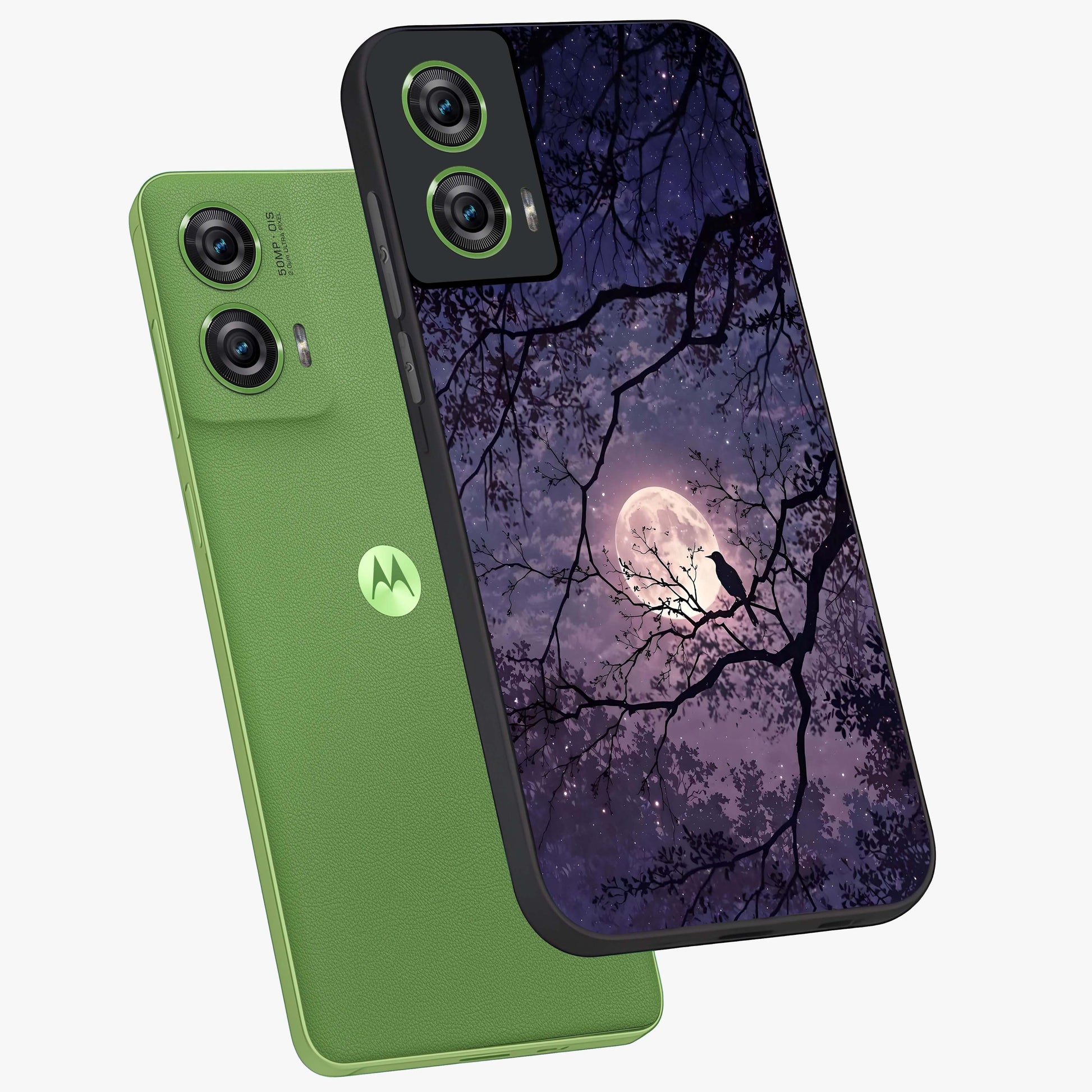Whispering Moon Silence Glass Case displayed in angled mockup highlighting calm lunar design with dreamy night aesthetic.