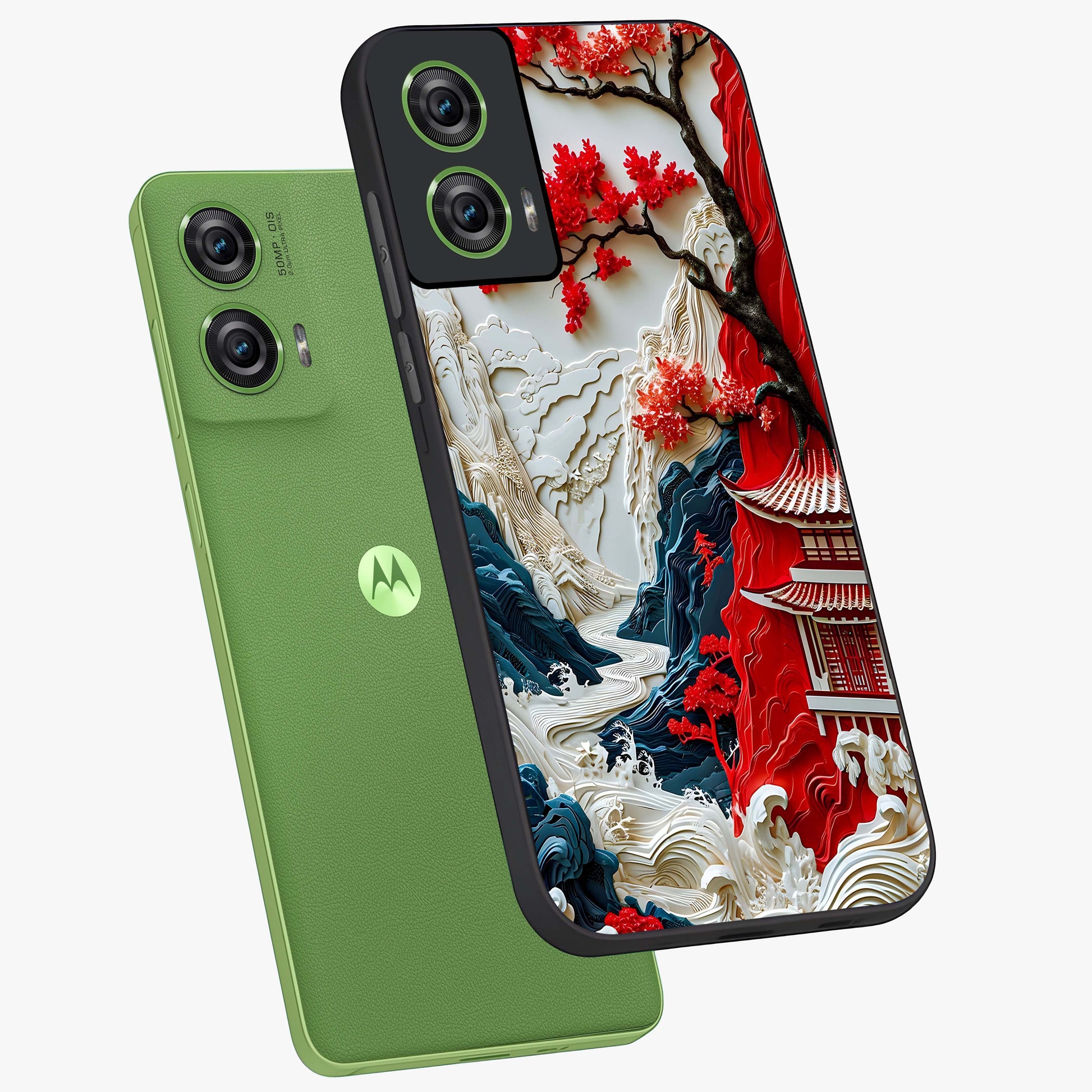 Whispers Of Sakura Waves Glass Case displayed in angled mockup highlighting flowing sakura design with soft floral aesthetic.