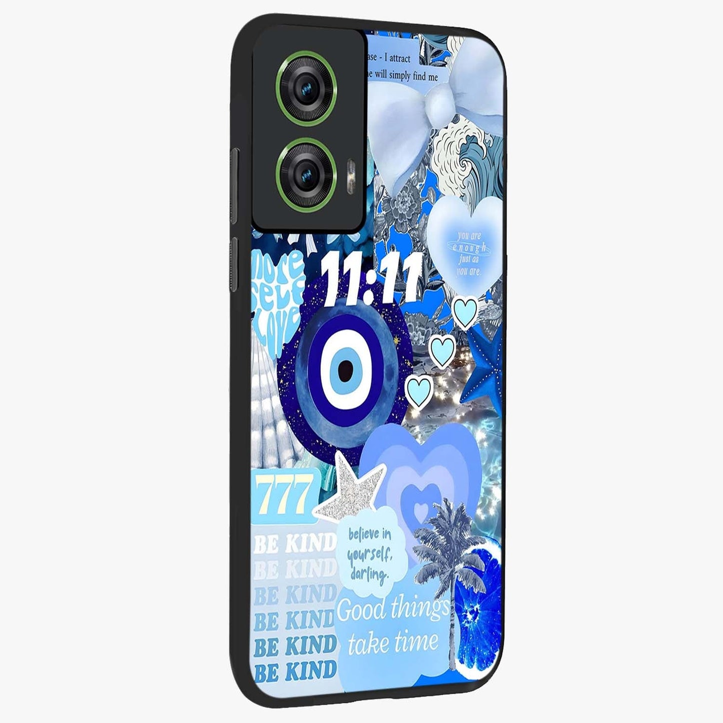 Aesthetic Be Kind Eye Glass Case upright view showcasing stylish eye illustration with positive message theme.