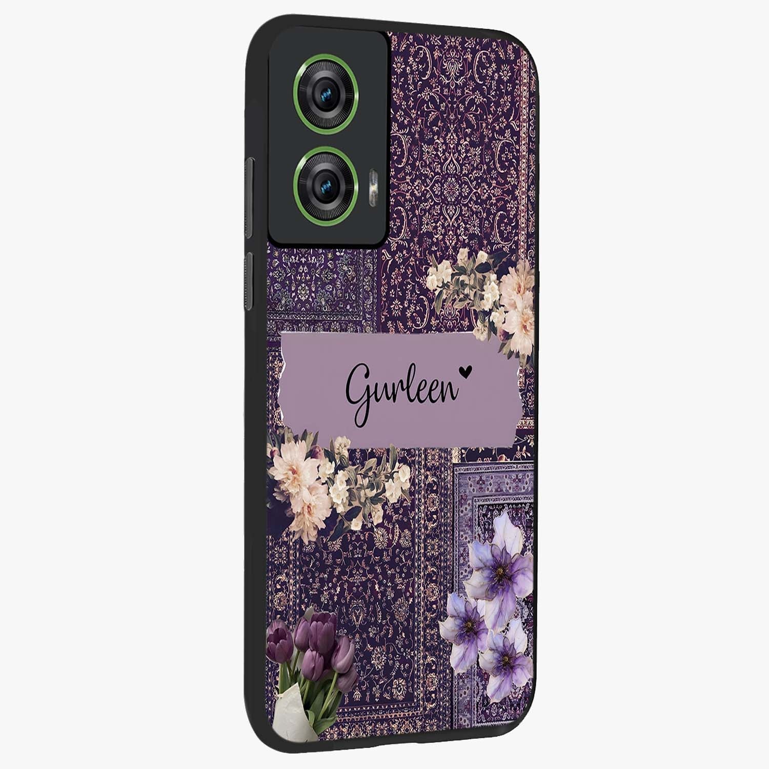 Antique Floral Whisper Custom Name Glass Case upright view showcasing delicate floral artwork with custom name feature.