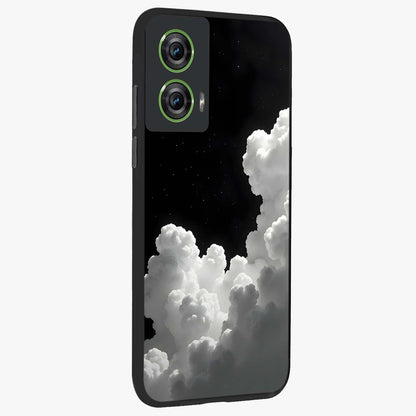Black Background With White Cloud Glass Case upright view showcasing calm cloud aesthetic with modern minimal style.