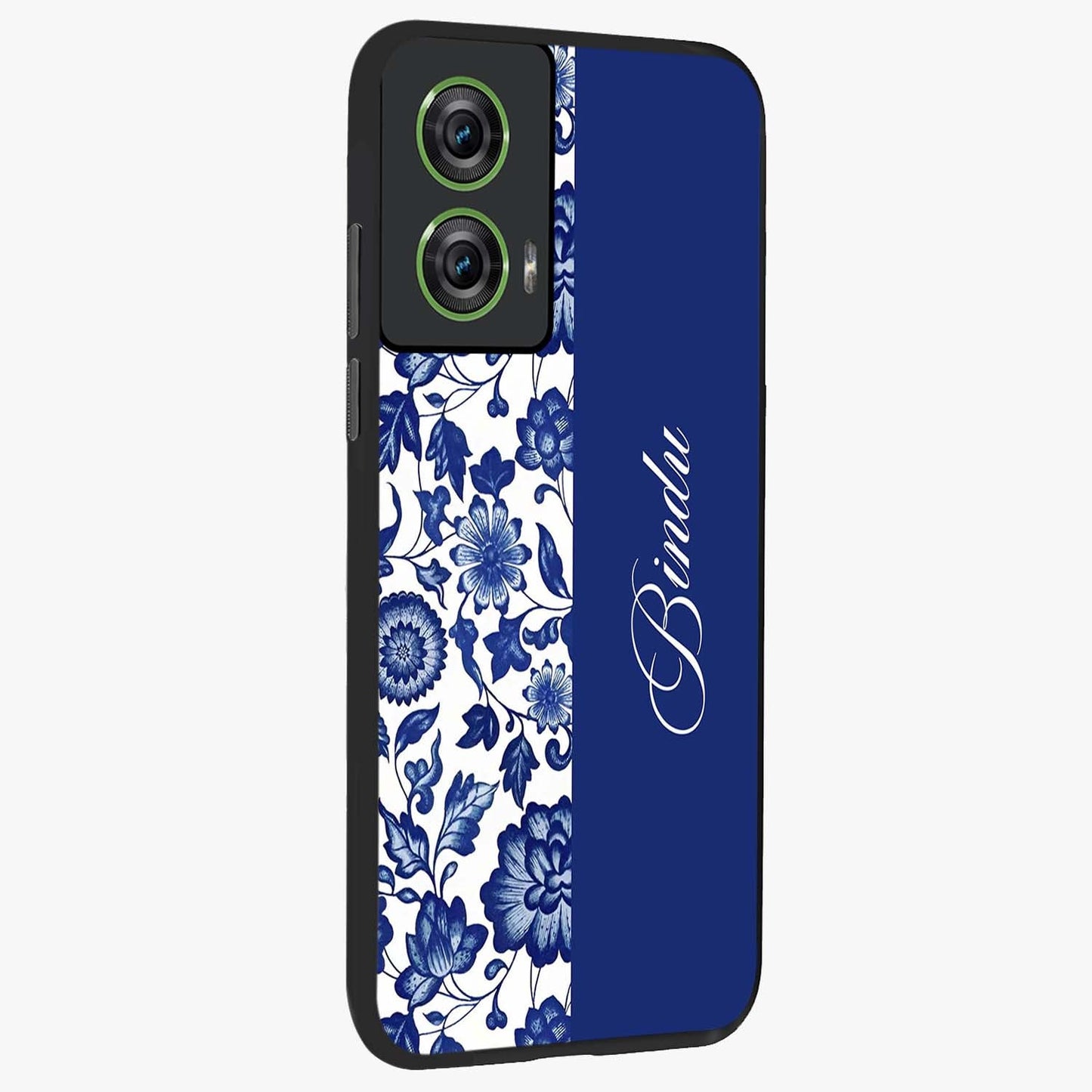 Blue Vintage Floral Pattern Glass Case upright view showcasing delicate blush floral texture with modern minimal style.