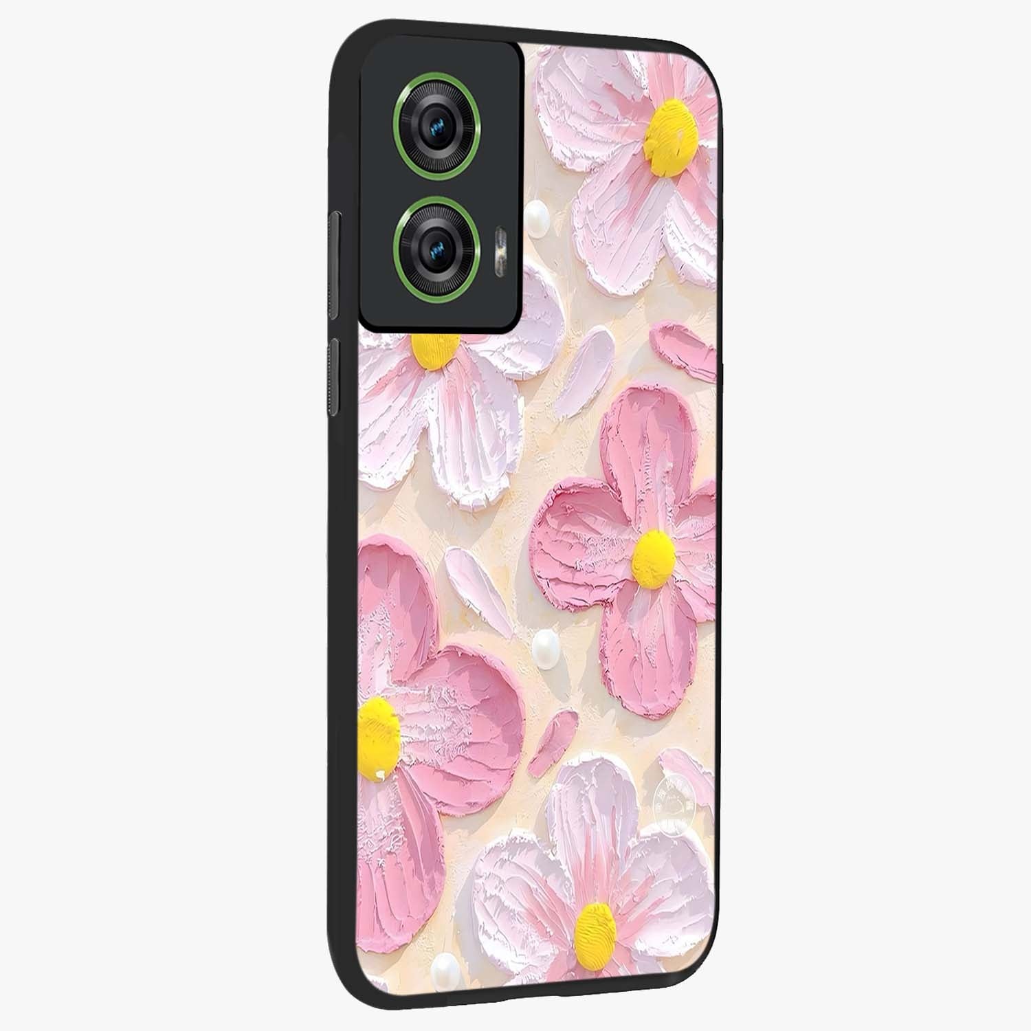 Blush Bloom Texture Glass Case upright view showcasing delicate blush floral texture with modern minimal style.