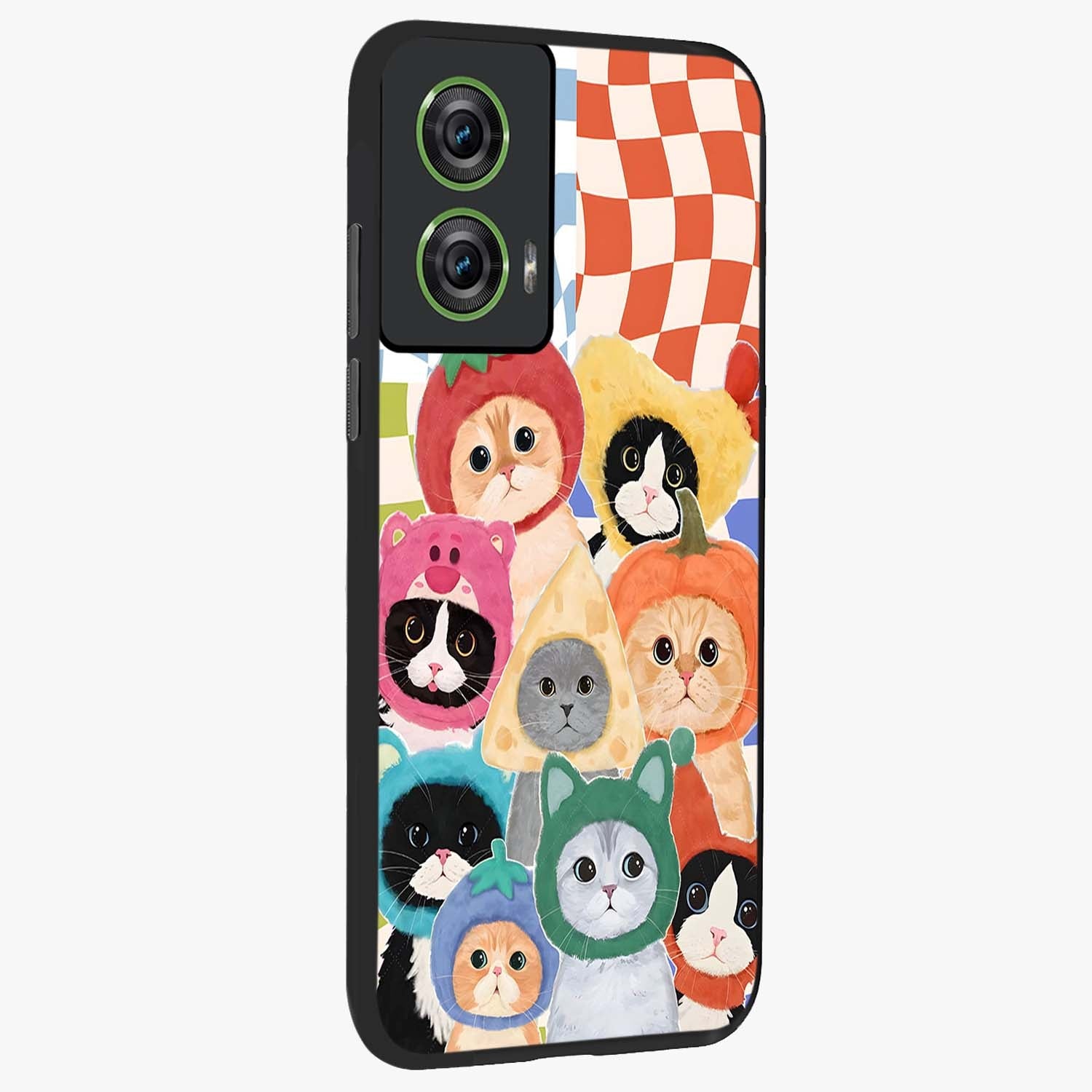 Cats in Fruits Glass Case upright view showcasing charming cat artwork with fun fruity theme.