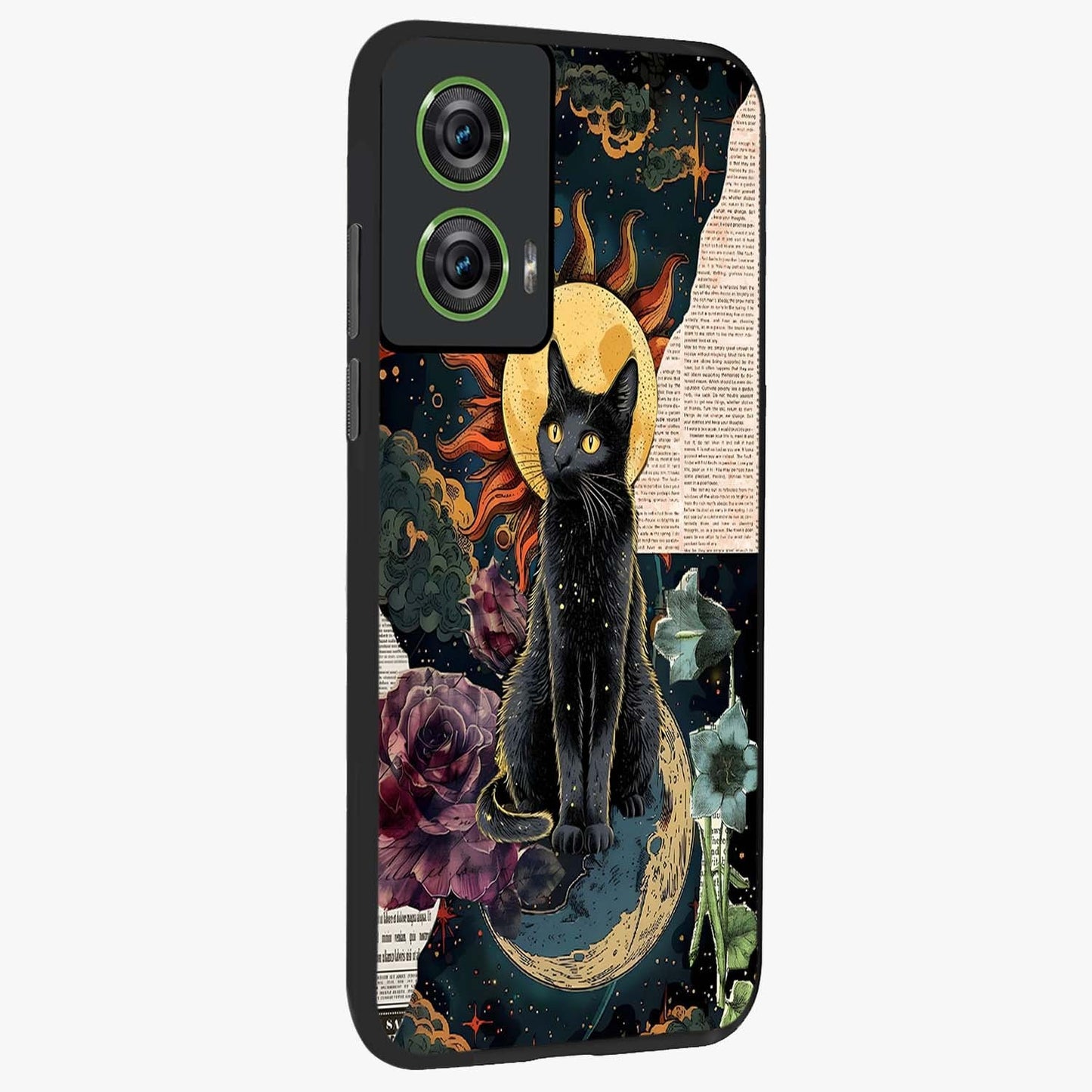 Celestial Black Cat Glass Case upright view showcasing magical black cat illustration with starry cosmic theme.