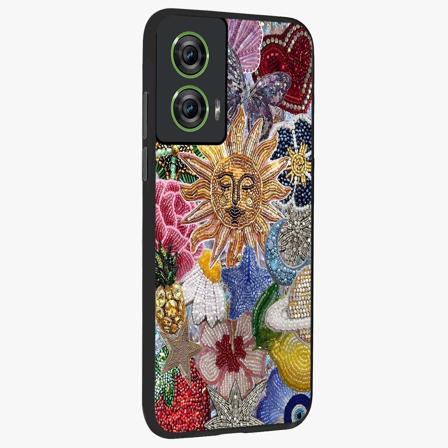 Celestial Floral and Playful Glass Case upright view showcasing whimsical floral artwork with cosmic aesthetic theme.