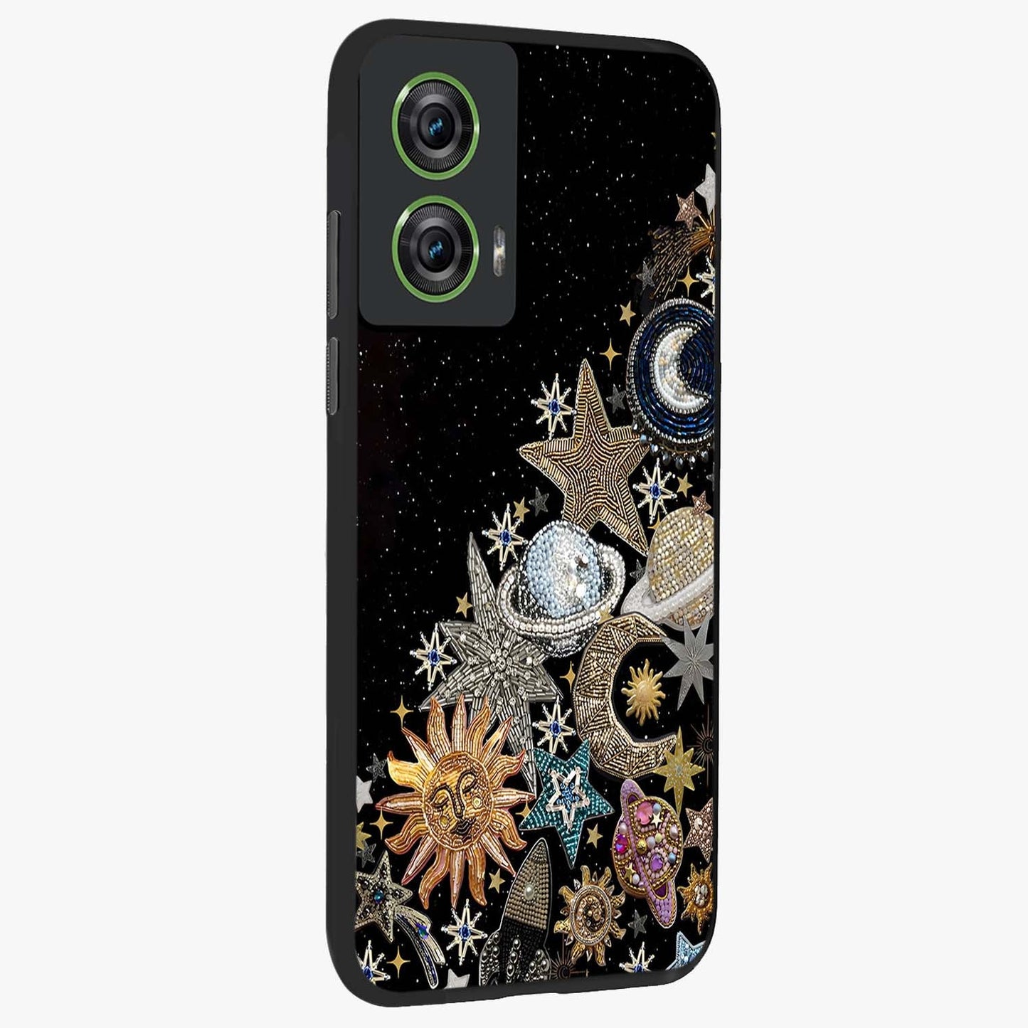 Cosmic Sparkle Dreams Glass Case upright view showcasing glowing cosmic artwork with magical galaxy theme.