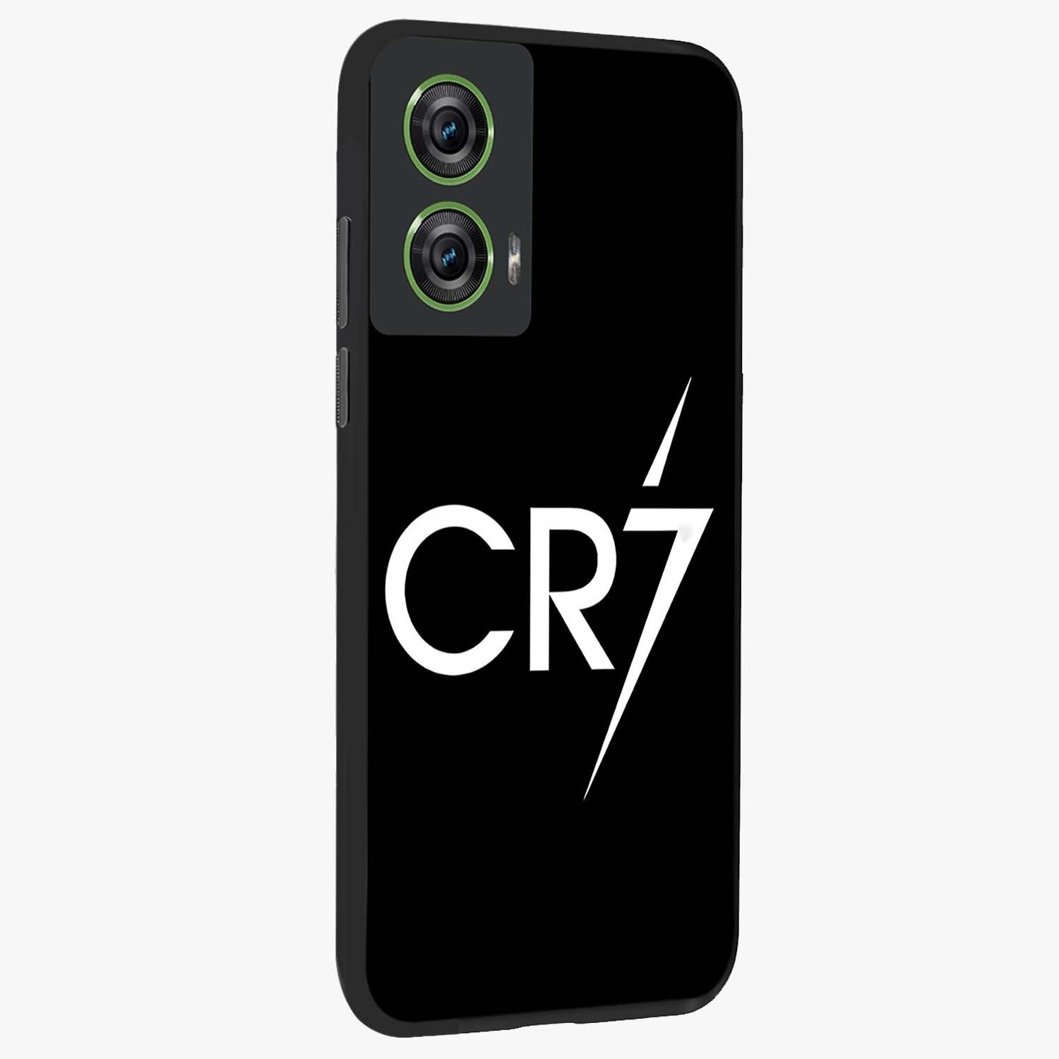 Cr7 Elite Strike Glass Case upright view showcasing energetic football inspired design with modern sports aesthetic.