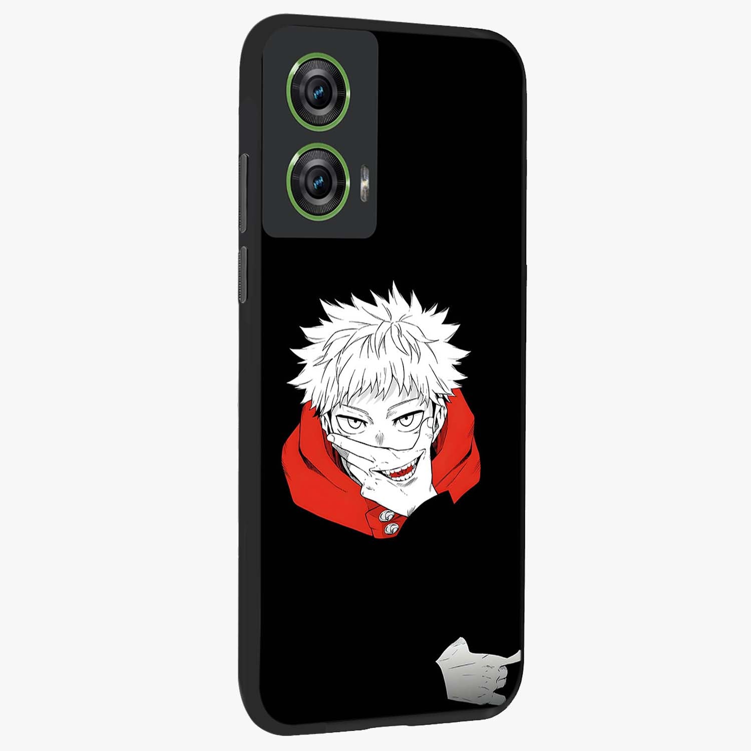 Crimson Chaos Smile Glass Case upright view showcasing expressive chaotic artwork with striking visual theme.