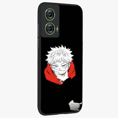 Crimson Chaos Smile Glass Case upright view showcasing expressive chaotic artwork with striking visual theme.