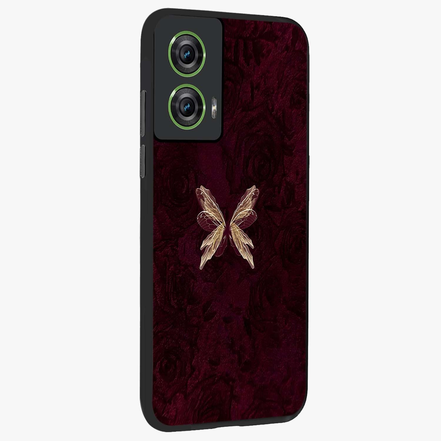 Crimson Fade Butterfly Glass Case upright view showcasing graceful butterfly artwork with soft crimson fade effect.