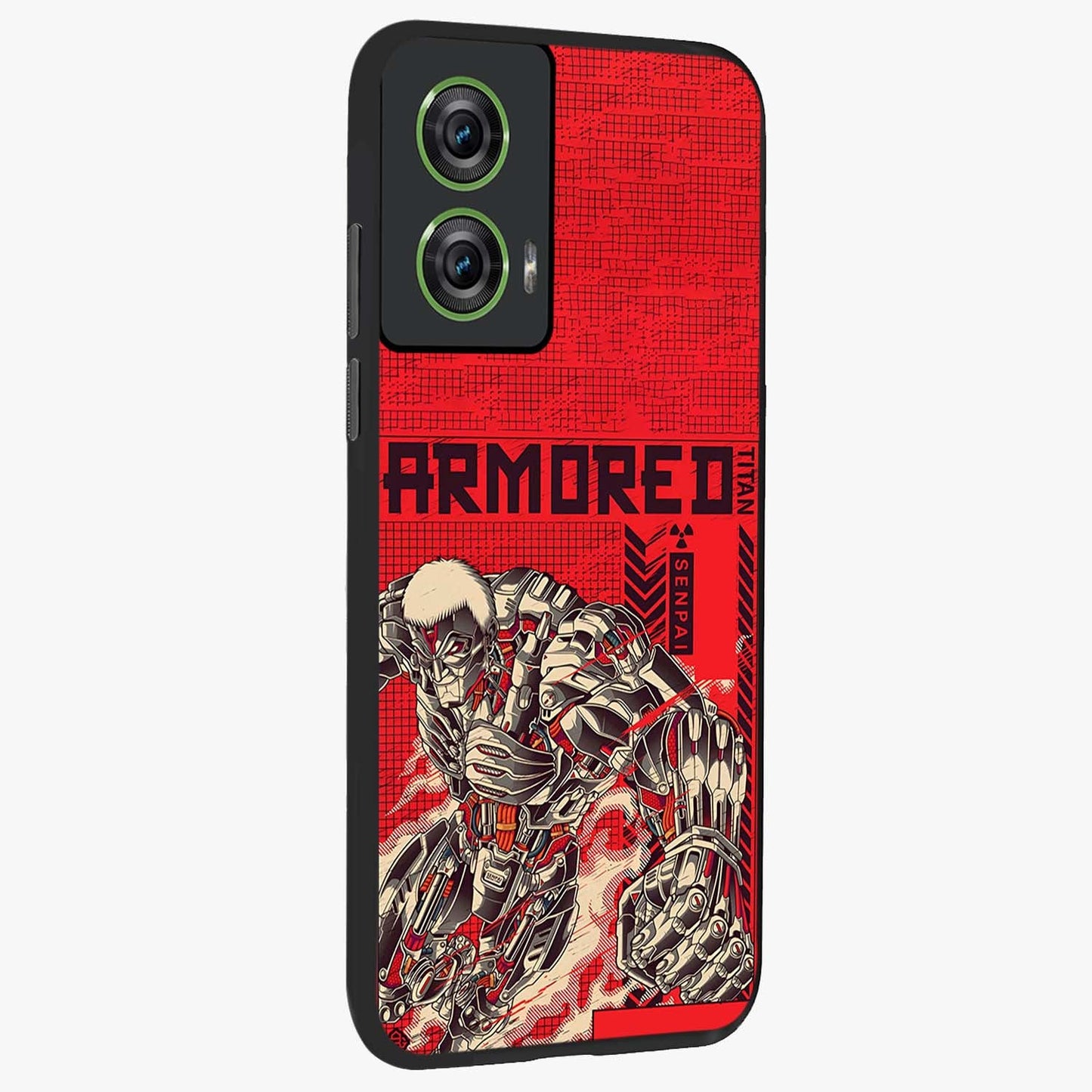 Crimson Mecha Titan Glass Case upright view showcasing dynamic robotic titan design with sci-fi inspired theme.
