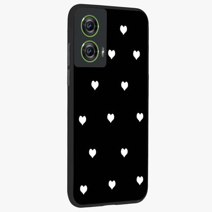 Cute And Simple White Hearts Glass Case upright view showcasing simple white hearts artwork with soft minimal theme.