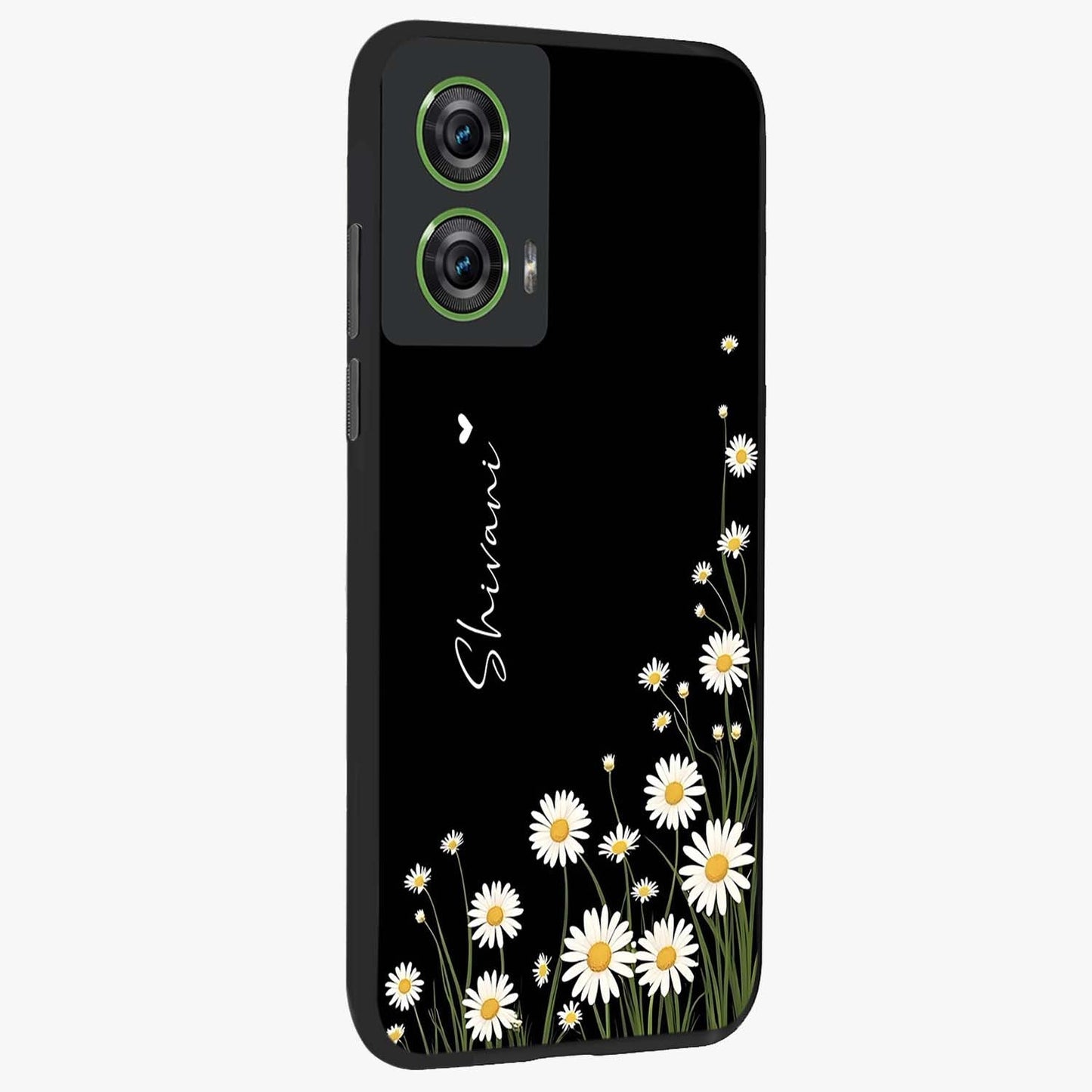 Daisy Cascade Custom Name Glass Case upright view showcasing elegant floral cascade design with personalized aesthetic.