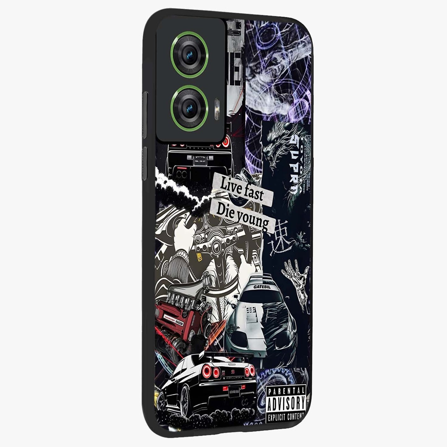 Die Young Glass Case upright view showcasing striking typography artwork with modern statement theme.