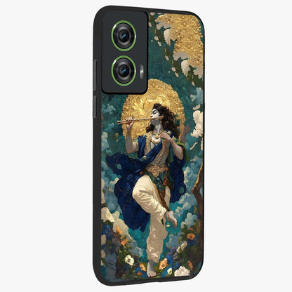 Divine Krishna Art Glass Case upright view showcasing divine Krishna artwork with sacred artistic theme.